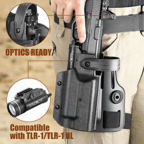 WARRIORLAND Drop Leg Platform for Glock 17/19 (Gen3-5), Glock 22/23/31/32 (Gen3-4), Glock 19X/44/45 w/TLR-1- Level 2 Holster + Mag Holes - Adjustable (No Mag Pouches) Red dot compatible