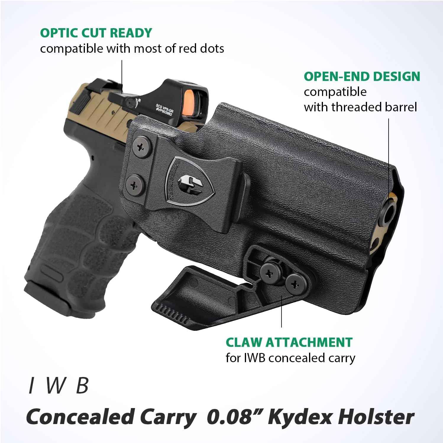 HK VP9 IWB Kydex Holster - Optic Cut + Claw, Adjustable Cant & Posi-Click Audible Lock, Right-Hand Concealed Carry - WARRIORLAND