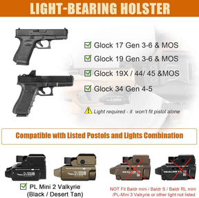 Glock 17/19 Gen3-6 / G19X / 44/45 / G34 Gen4-5 IWB Kydex Holster w/Claw - Olight PL Mini 2 Valkyrie Light Bearing, Optic Cut, Adj. Retention & Cant, Right Hand - WARRIORLAND