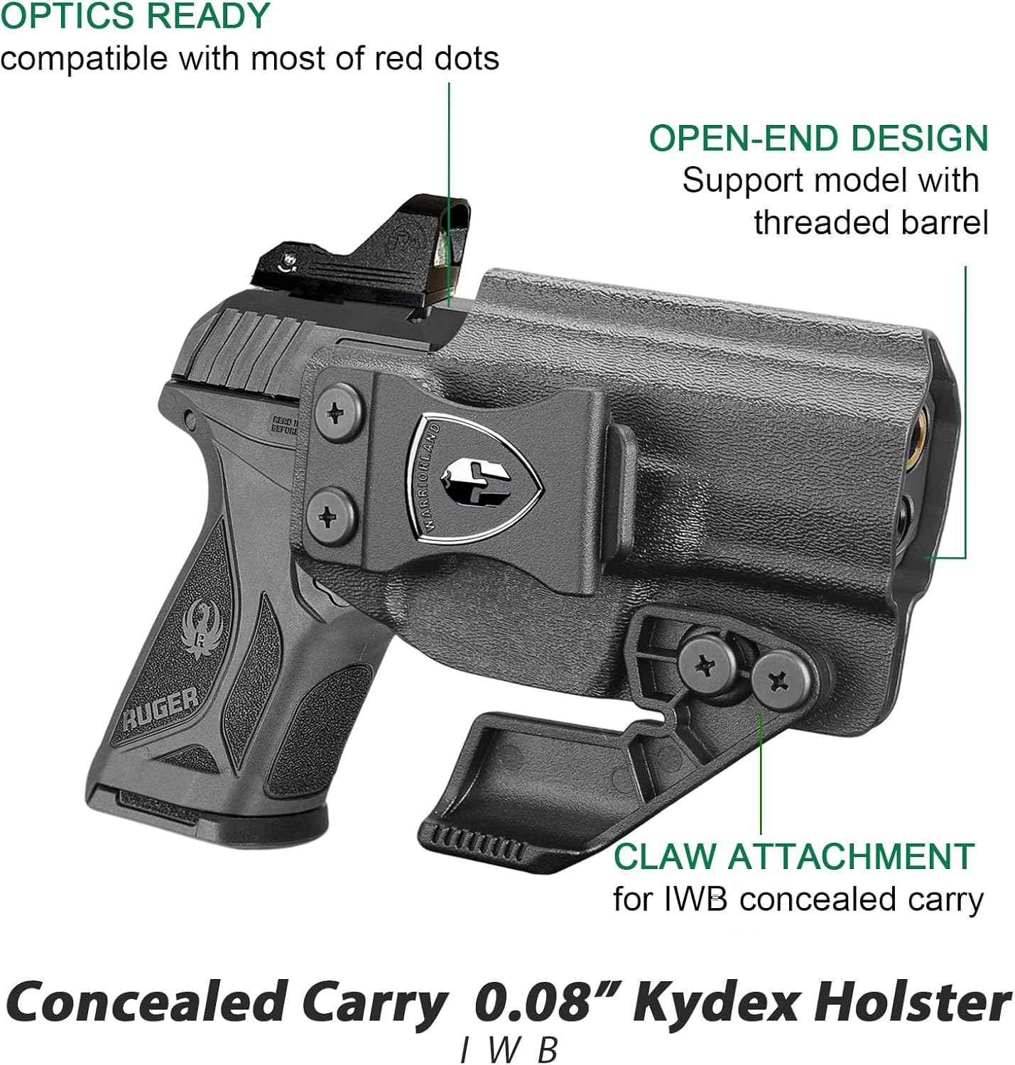 WARRIORLAND IWB Kydex Holster, Fit Ruger Security 380 | Adj. Cant & Retention | w/Optic Cut & Claw Options