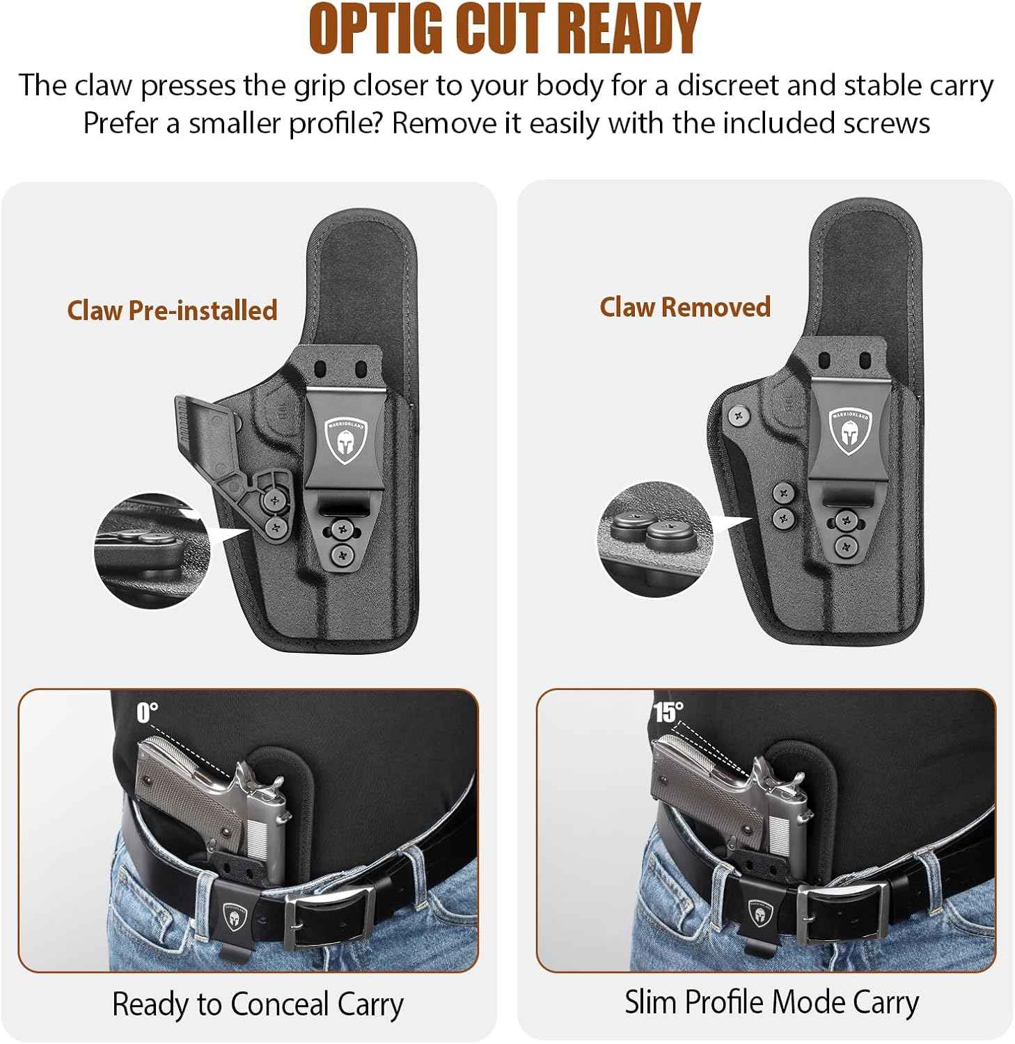 WARRIORLAND IWB Hybrid Holster for 5" 1911 No-Rail (Colt · Kimber · Ruger · S&W · Sig · RIA · Tisas) - Optic Cut, Adjustable Cant/Height/Retention, Ultimate Comfort Leather-Kydex, Right Hand Draw