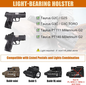 Taurus G2C / G3C / G2s / G3C Toro / PT111 / PT140 IWB Kydex Holster w/Claw - Olight Baldr S / Mini / RL Mini Light Bearing, Optic Cut, Adj. Retention & Cant, Right Hand - WARRIORLAND