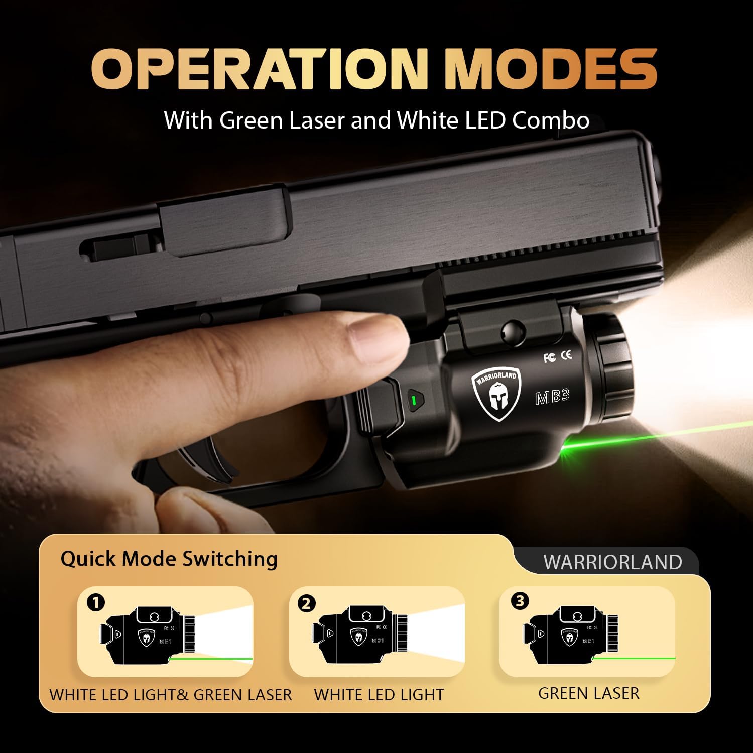 WARRIORLAND MB3 Pistol Light and Custom Kydex Holster, Fit for Glock 17/19 Gen 3-5 & Glock 22/23/31/32 Gen 3-4 & Glock 19X/44/45, Compact Universal Tactical Weapon Light with Green Laser & White LED