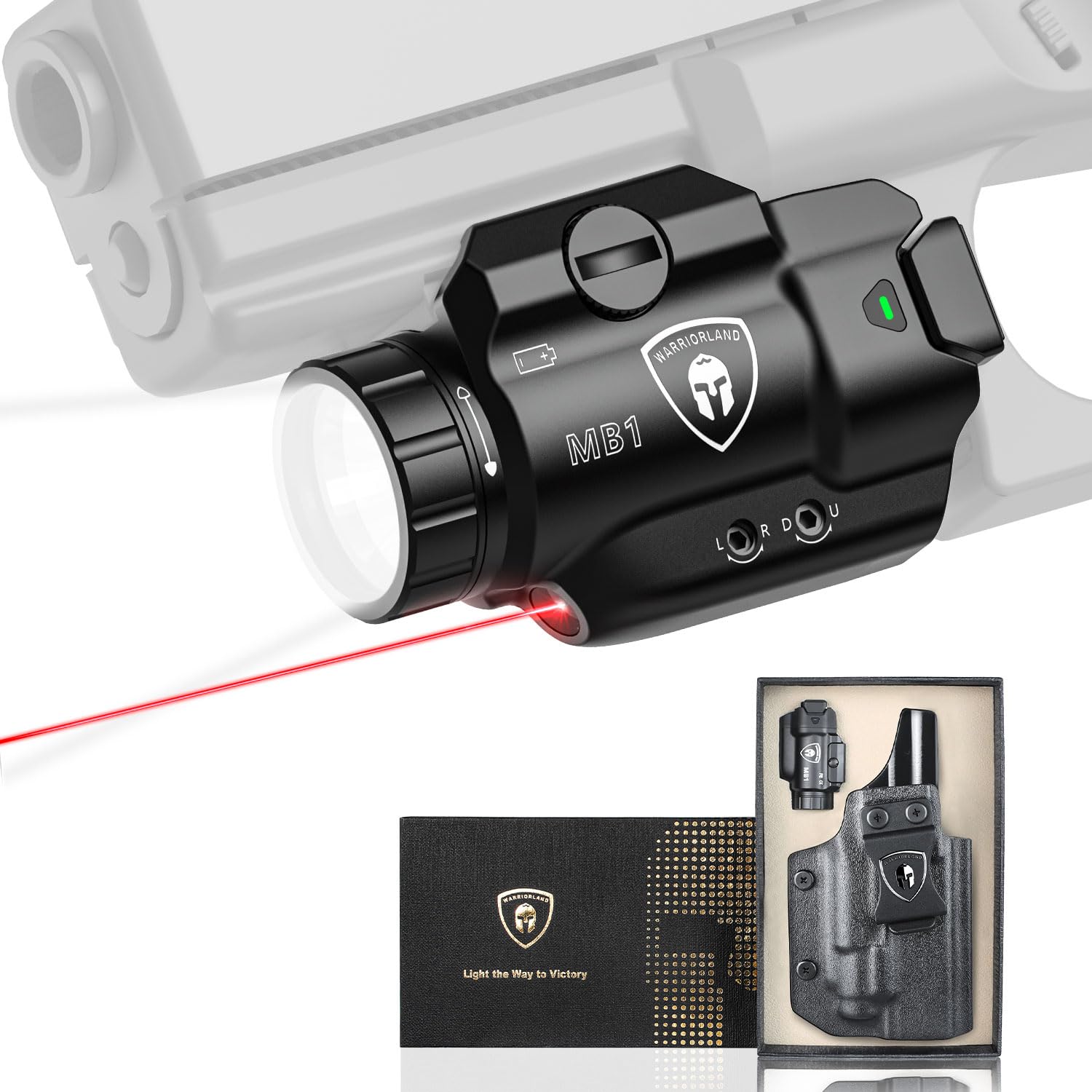 WARRIORLAND MB1 500 Lumens Portable Universal Rail Mounted Weapon Light-Red Laser & White LED Combo with Springfield Hellcat Pro Kydex Holster-Three Operation Modes & Power Indicator MB1w/Hellcat Pro