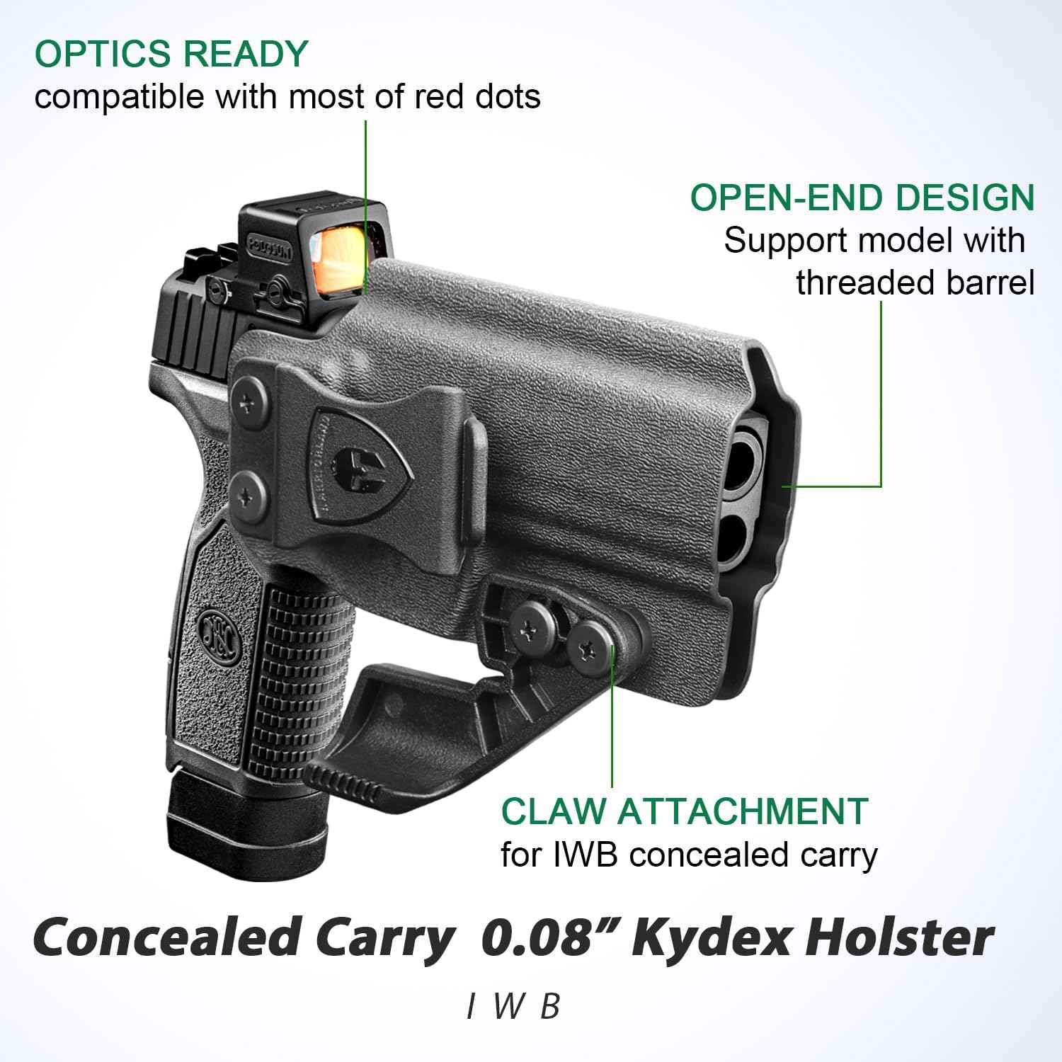 WARRIORLAND IWB Kydex Holster, Fit FN Reflex Adj. Cant & Retention | w/Optic Cut & Claw Options
