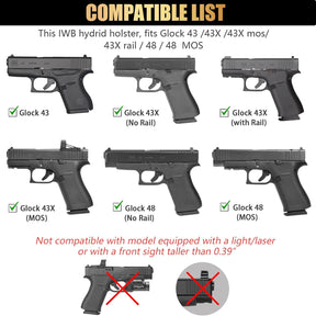 WARRIORLAND IWB Hybrid Holster for Glock 43X / 43X MOS / 43 / 48 MOS / G48 – Optic Cut, Right Hand, Adj. Height/Cant/Retention WARRIORLAND