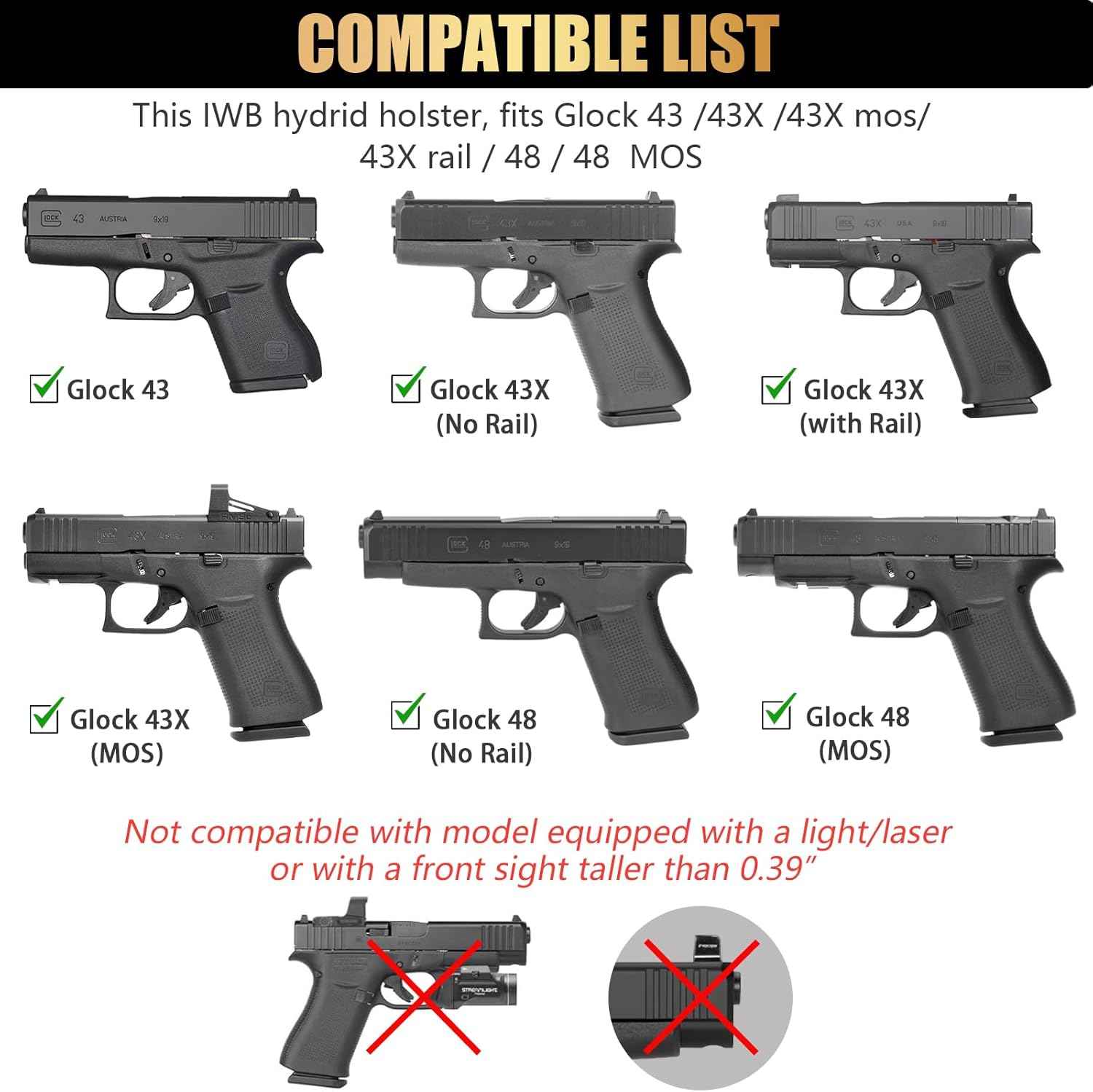 WARRIORLAND IWB Hybrid Holster for Glock 43 · 43 MOS · 48 · 43X · 48 MOS - Optic Cut, Ultimate Comfort Leather-Back, Adjustable Cant/Height/Retention, Appendix Concealed Carry, Right Hand Draw