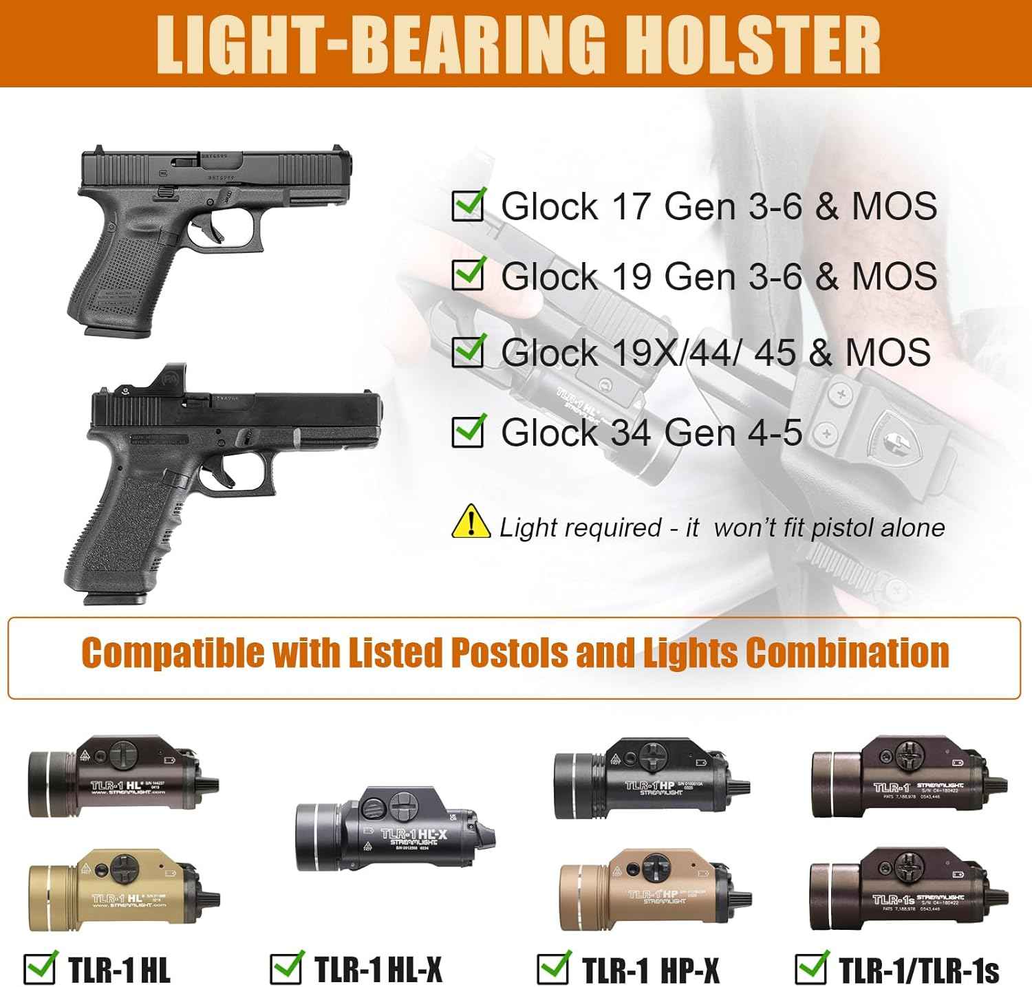 Glock 17/19 Gen3-6 / G19X / 44/45 / G34 Gen4-5 IWB Kydex Holster w/Claw - TLR-1 / TLR-1 HL / HL-X / HP-X / TLR-1s Light Bearing, Optic Cut, Adj. Retention & Cant, Right Hand - WARRIORLAND