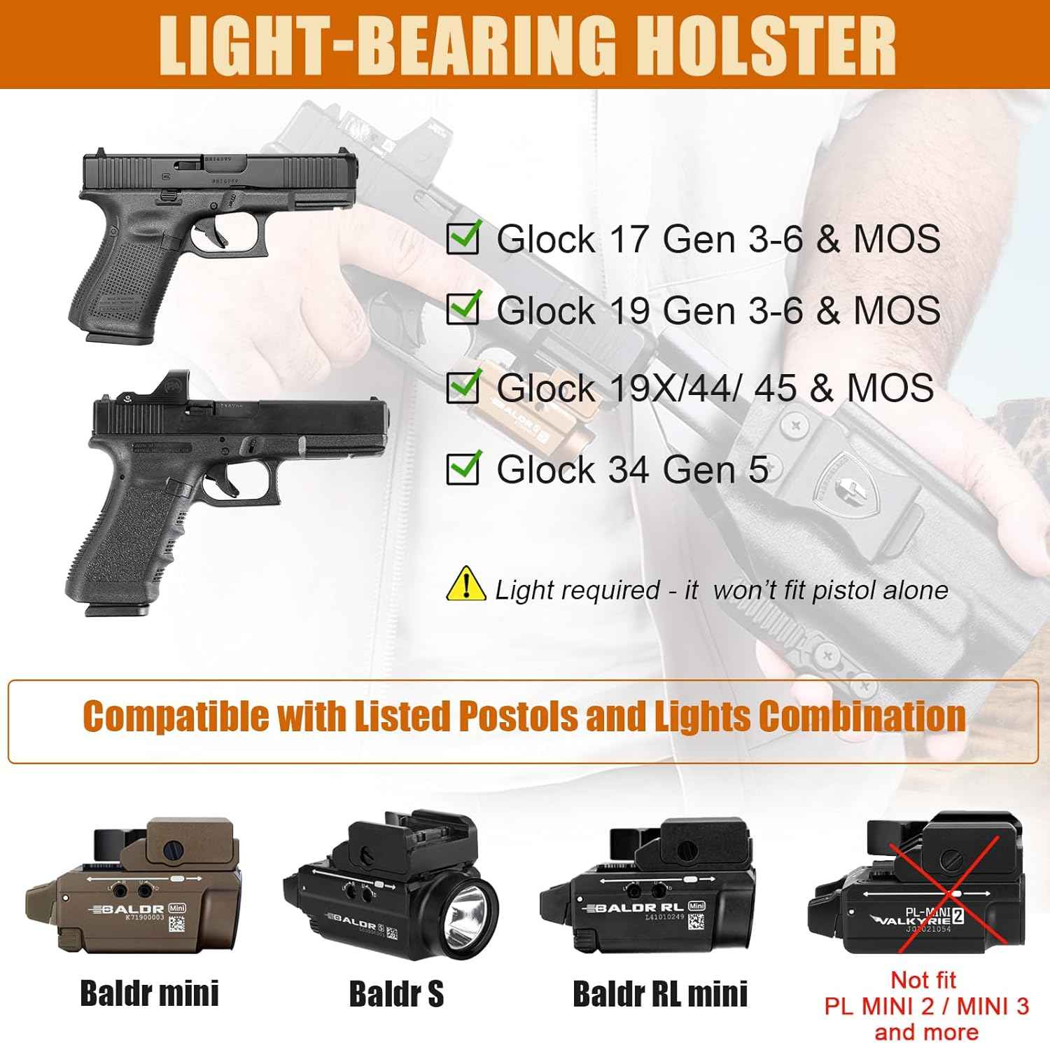 Glock 17/19 Gen3-6 / G19X / 44/45 / G34 Gen5 IWB Kydex Holster w/Claw - Olight Baldr S / Mini / RL Mini Light Bearing, Optic Cut, Adj. Retention & Cant, Right Hand - WARRIORLAND