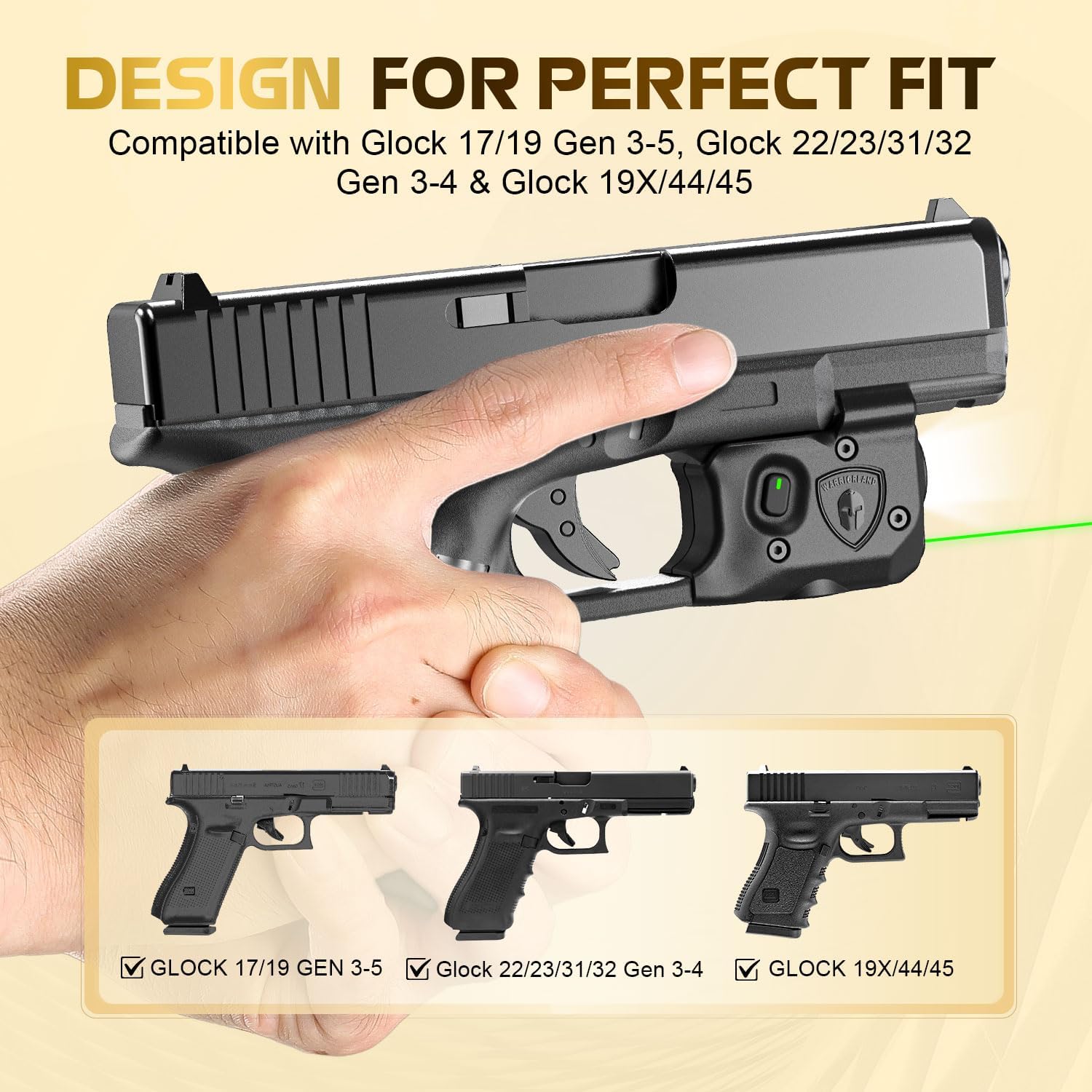 WARRIORLAND Pistol Light Laser & Holster Fit for Glock 17/19 Gen 3-5, Glock 22/23/31/32 Gen 3-4 & Glock 19X/44/45, Compact 150-Lumen Trigger Tactical Light with Green Laser White LED & IWB Holster