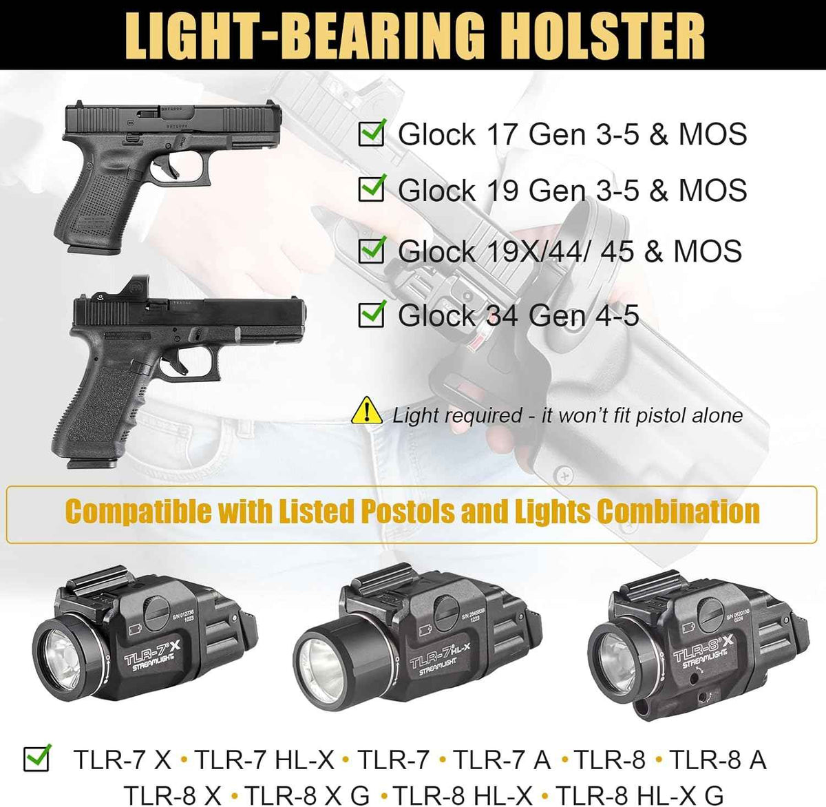Glock 17/19/19X/45 Gen3-5 Holster OWB Kydex Light-Bearing - Fits TLR-7A / TLR-7 X / TLR-7 HL-X / TLR-8A / TLR-8 X & More, Optic Cut, Thumb Release, 2.0" Mid-Ride Belt Loop, Right Hand - WARRIORLAND