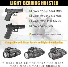 Glock 17/19/19X/45 Gen3-5 Holster OWB Kydex Light-Bearing - Fits TLR-7A / TLR-7 X / TLR-7 HL-X / TLR-8A / TLR-8 X & More, Optic Cut, Thumb Release, 2.0" Mid-Ride Belt Loop, Right Hand - WARRIORLAND