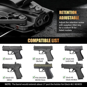 Glock 43 / 43X / 43X MOS IWB & OWB Holster - Optics Ready, Adj. Retention/Cant/Height, Removable Claw + Paddle, No Light/Laser, Right Hand - WARRIORLAND
