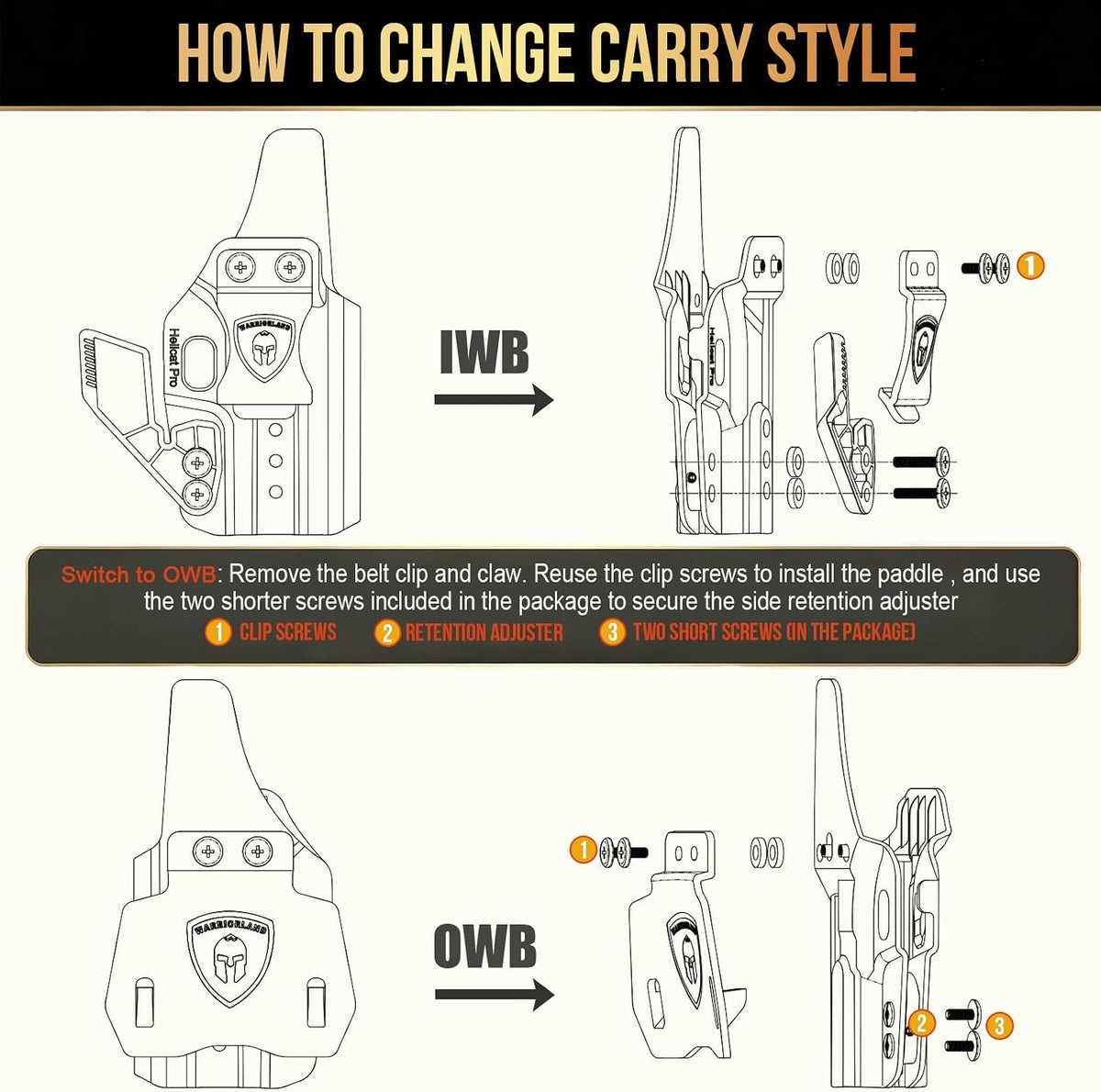 WARRIORLAND IWB & OWB Holster , Fits Springfield Hellcat Pro OSP / Hellcat Pro OSP Threaded. w/Optic Cut / Retention & Cant, w/ Concealment Claw, 1.5" Belt Clip & 2.0" OWB Paddle, Right