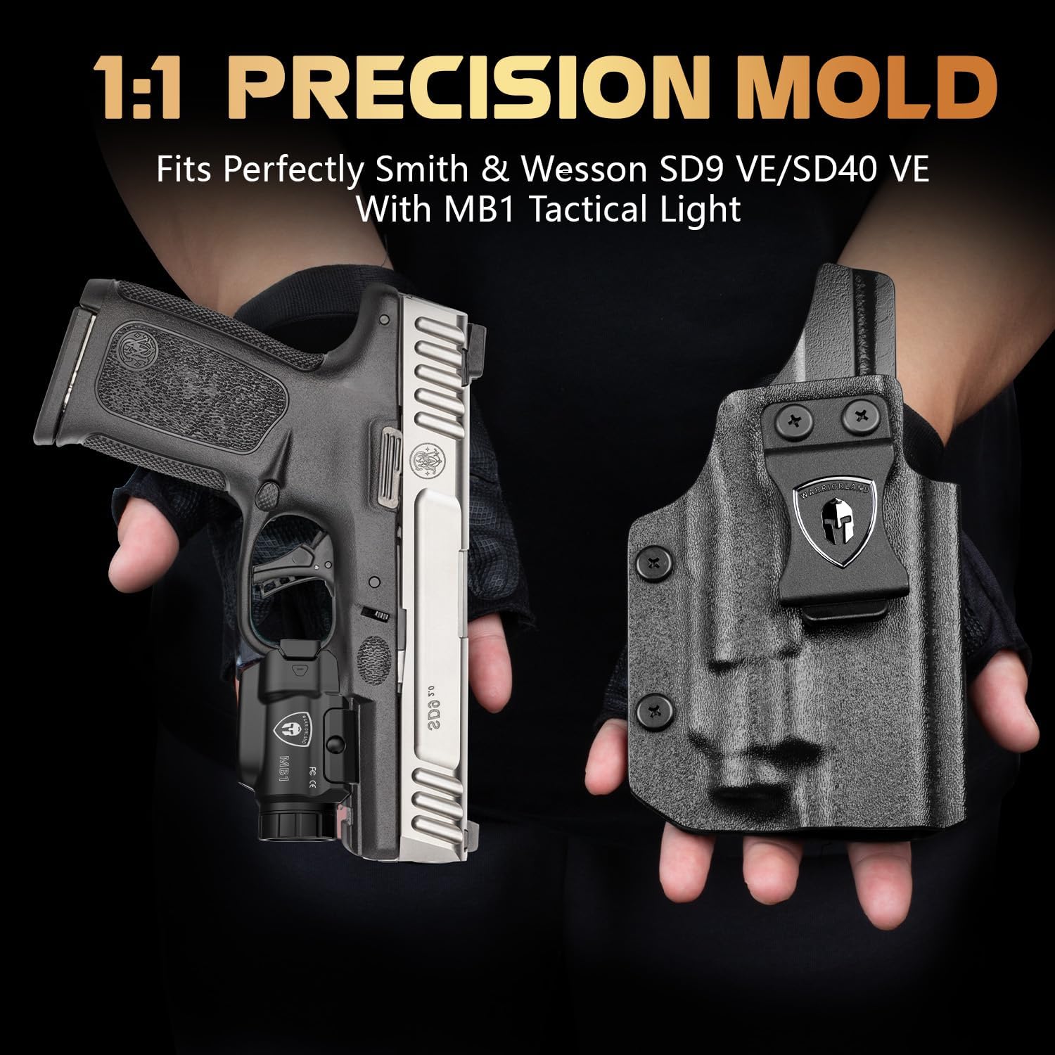 WARRIORLAND MB1 Pistol Light and Custom Kydex Holster, Fit for S&W SD9 VE/SD40 VE, Compact 500 Lumens Universal Rail Mounted Tactical Weapon Light with Red Laser & White LED, Power Indicator