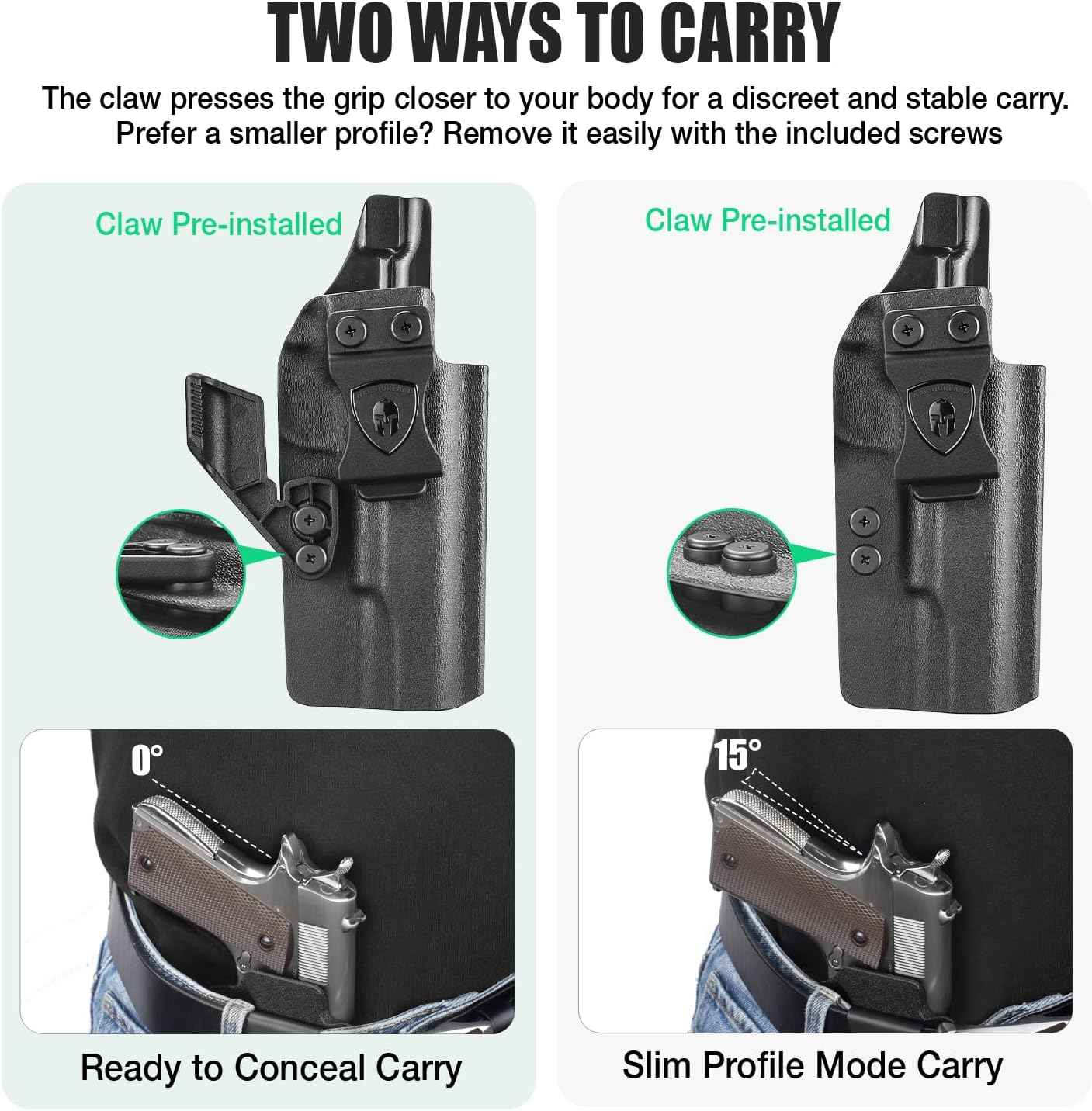 WARRIORLAND IWB Kydex Holster w/Claw & Optic Cut for 5" No-Rail 1911 (Colt · Kimber · Springfield · Ruger · S&W · Sig · RIA · Tisas) - Concealed Carry, Adjustable Cant & Retention, Right Hand Draw