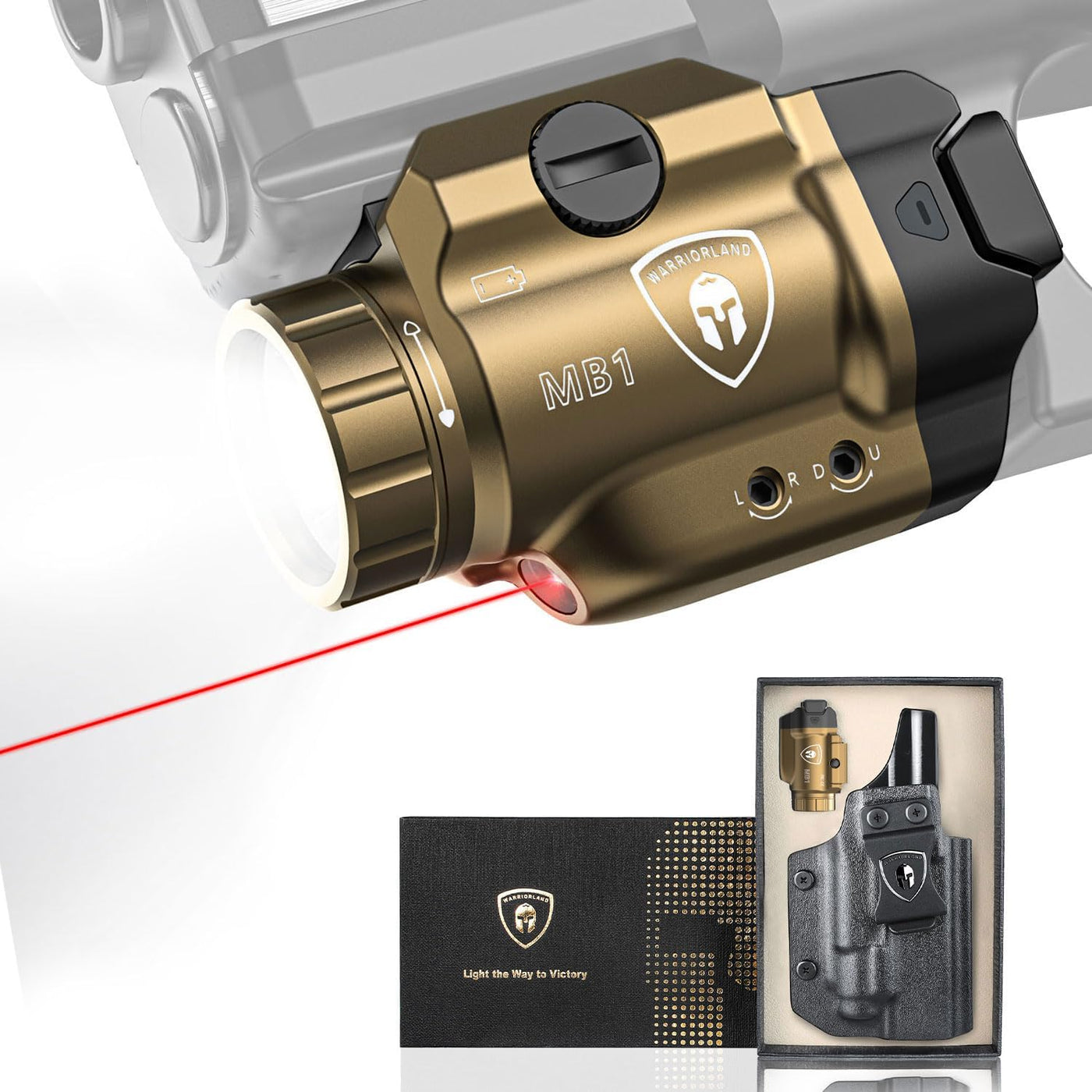 WARRIORLAND 500-Lumen FDE MB1 Pistol Light and IWB Kydex Holster, Fit for Springfield Hellcat Pro, Rail Mounted Tactical Weapon Light with Red Laser & White LED, Power Indicator WARRIORLAND