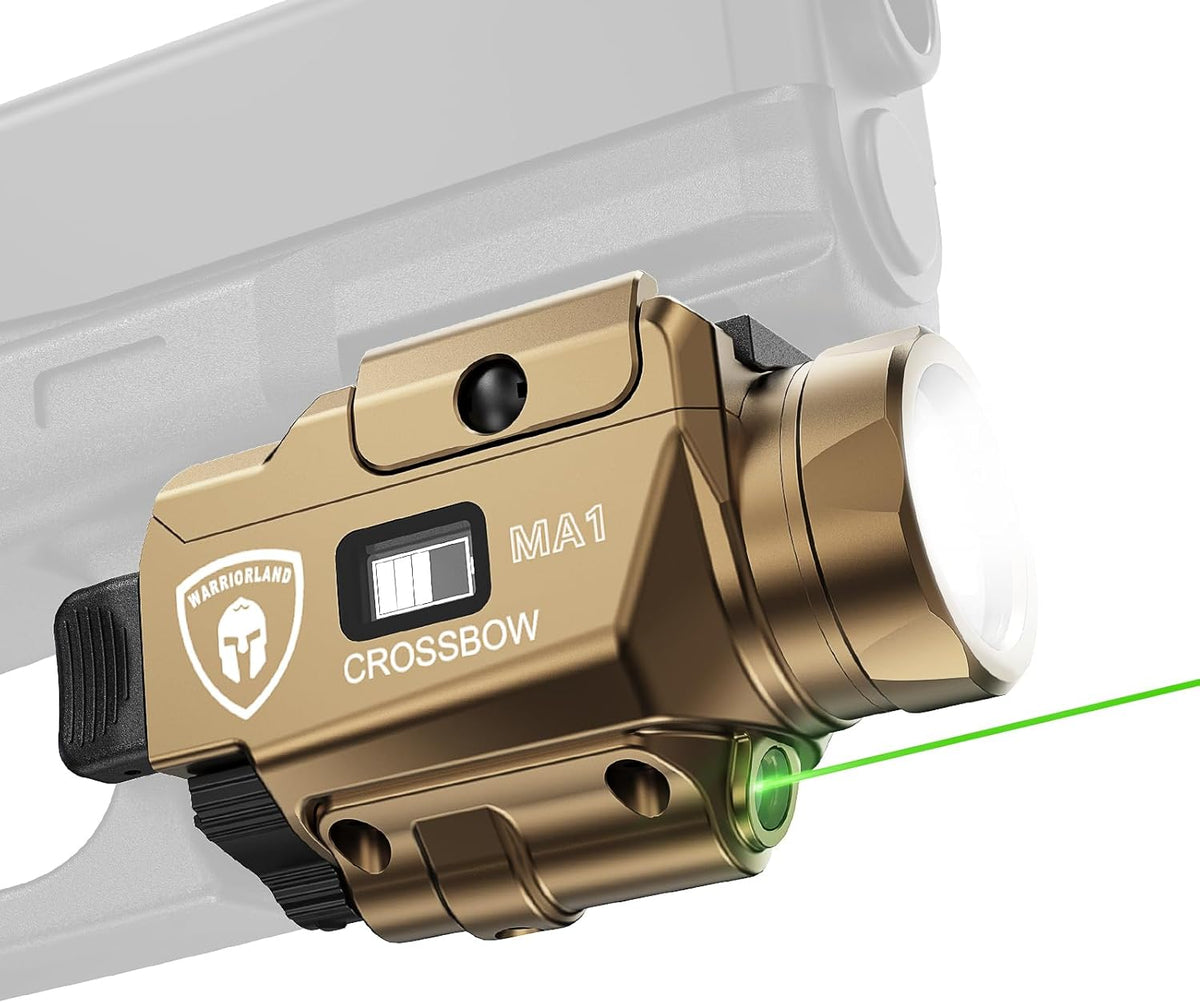 WARRIORLAND Compact MA1 800-Lumen Pistol Light FDE, Fits G17/ G19 / P320/ G2C/ Hellcat Pro/Echelon and Other 100+ Models, with Green Laser White LED Combo, Tactical Flashlight with Battery Indicator WARRIORLAND