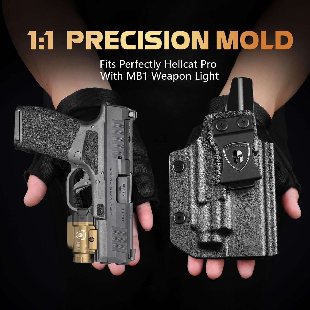 WARRIORLAND 500-Lumen FDE MB1 Pistol Light and IWB Kydex Holster, Fit for Springfield Hellcat Pro, Rail Mounted Tactical Weapon Light with Red Laser & White LED, Power Indicator WARRIORLAND