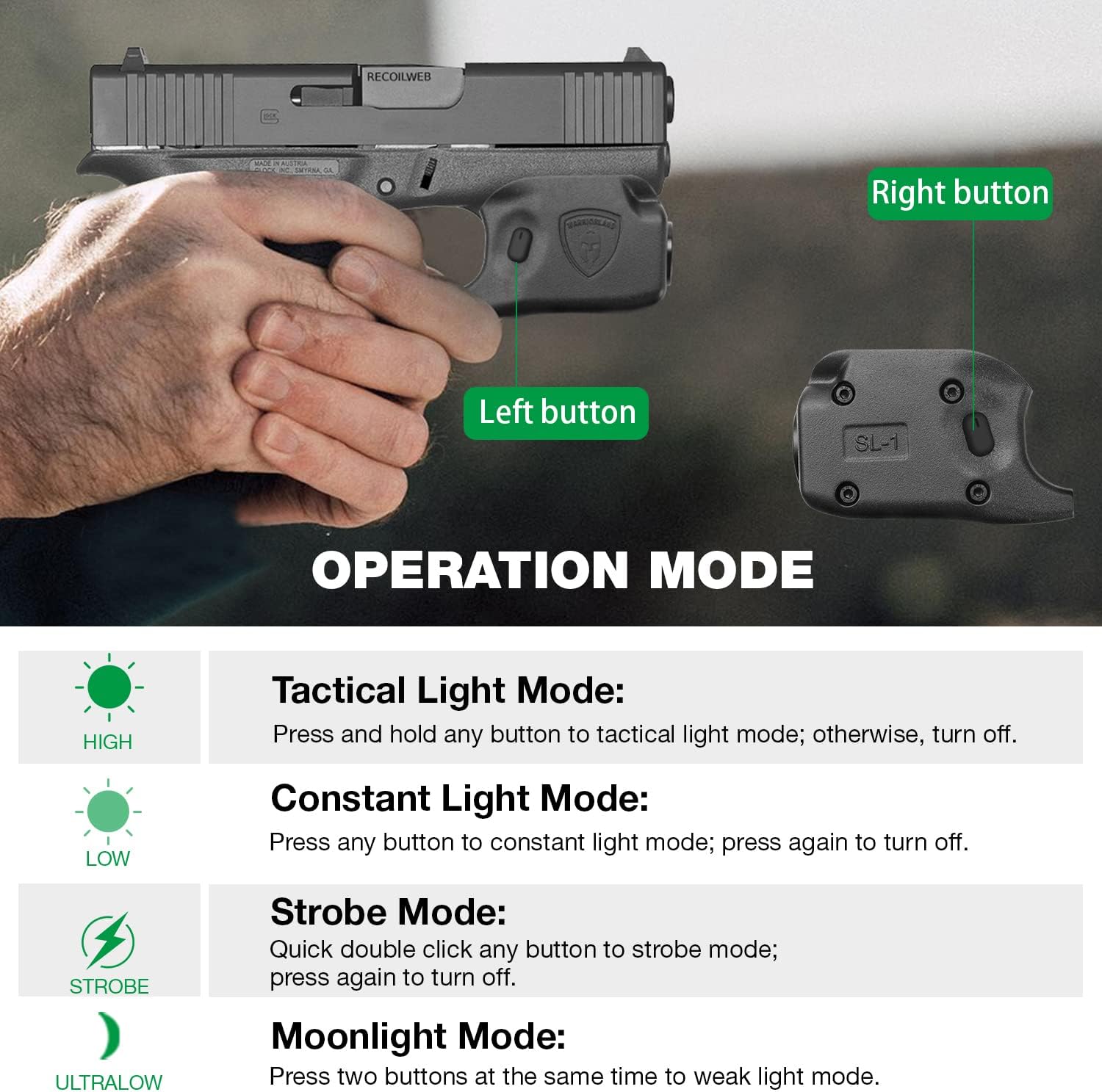 WARRIORLAND Mini Gun Light Compatible with Glock 42 / G43 / G43X (Not Fit G43X MOS) / G48(Not Fit G48 MOS), 150 Lumens G42/43/43X/48 Handgun Light, LED Tactical Light G42/43/48 SL-1