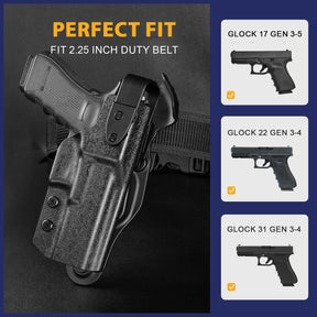 Glock 17 Duty Holster Level II Retention w/Hook Guard & Rotating Hood: Glock 17 Gen 3 4 5 & G22 G31 Gen 3 4, 2.25 Inch Outside Waistband Holster G17, Adj. Retention & Ride Height, Right|WARRIORLAND