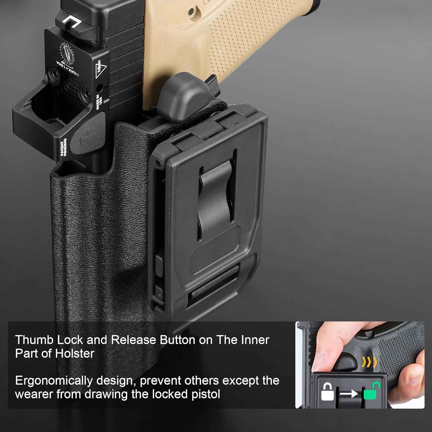 Glock 17/19/19X/45 Holster OWB Kydex Optic Cut - Thumb Release, Fits Gen 3-5 & G23/G32/G44, 360° Adjustable Cant, 1.5"-2.25" Belt, Right Hand - WARRIORLAND