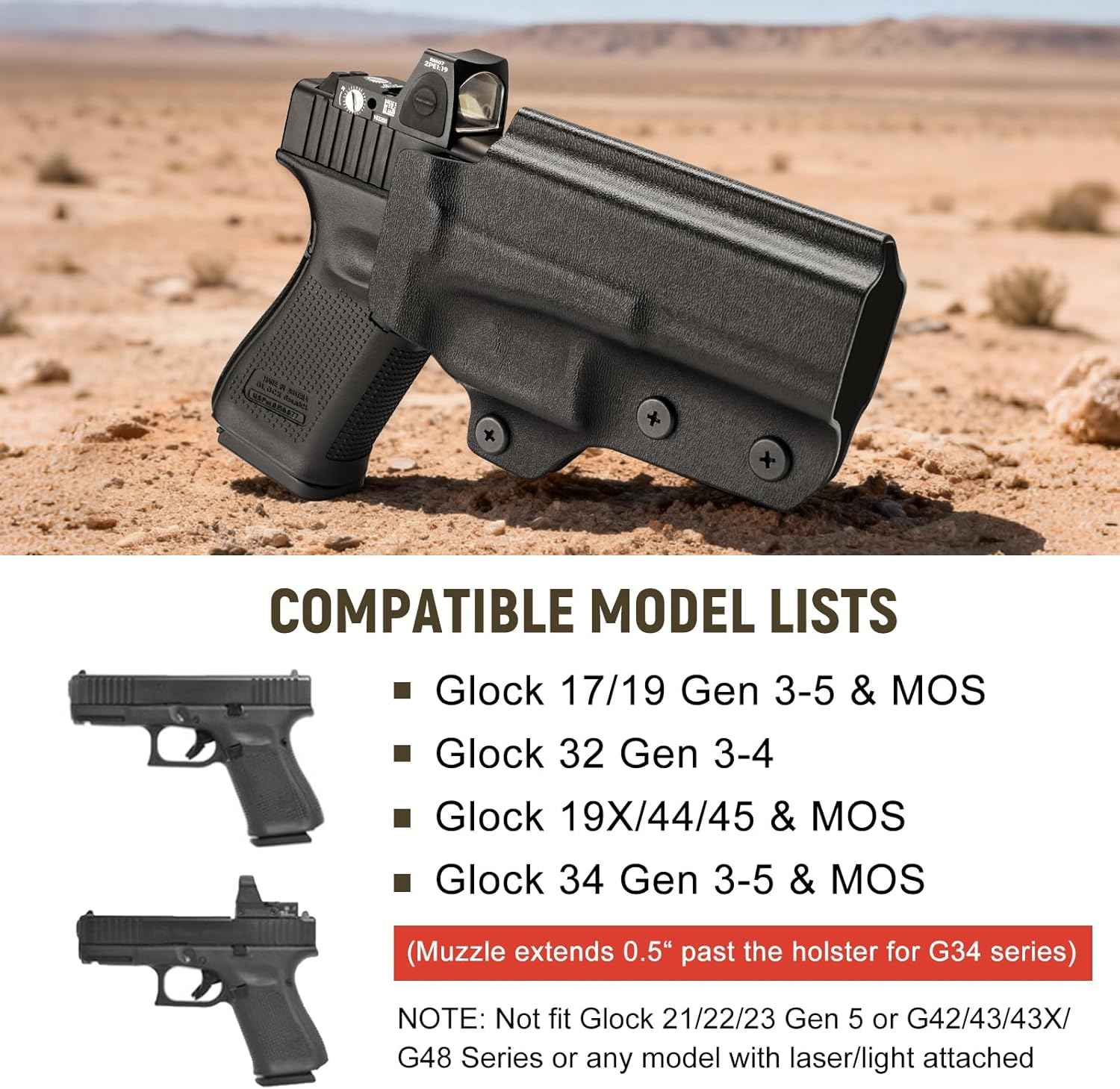 Glock 17/19/19X/45 Holster OWB Kydex Optic Cut - Thumb Release, Fits Gen 3-5 & G23/G32/G44, 360° Adjustable Cant, 1.5"-2.25" Belt, Right Hand - WARRIORLAND