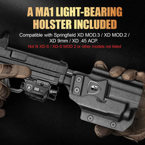 Springfield XD MOD.3 / XD9 MA1 Light-Bearing Holster Combo - Green Beam + LED Tactical Light, Magnetic USB Rechargeable w/Battery Screen, Optic Ready, Right Hand - WARRIORLAND
