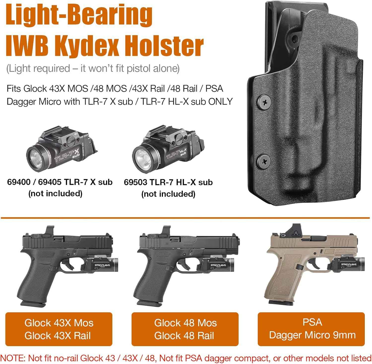 Glock 43X MOS / 48 MOS / 43X Rail OWB Kydex Holster for TLR-7X Sub / TLR-7 HL-X Sub - Optic Cut, Adjustable Cant & Posi-Click Retention, Right Hand - WARRIORLAND