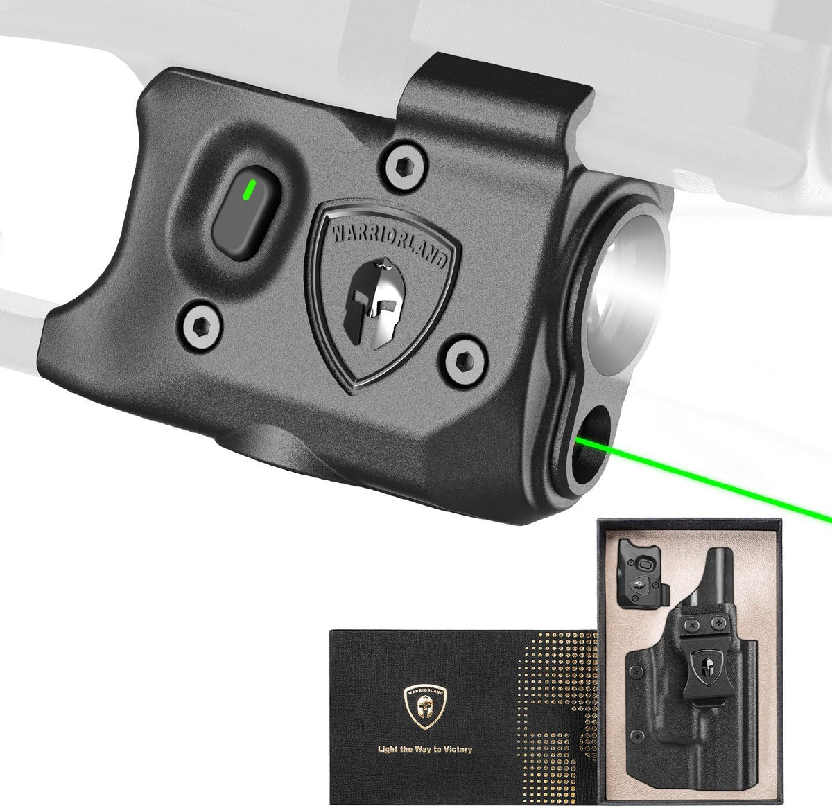 WARRIORLAND Pistol Light Laser & Holster Fit for Glock 17/19 Gen 3-5, Glock 22/23/31/32 Gen 3-4 & Glock 19X/44/45, Compact 150-Lumen Trigger Tactical Light with Green Laser White LED & IWB Holster