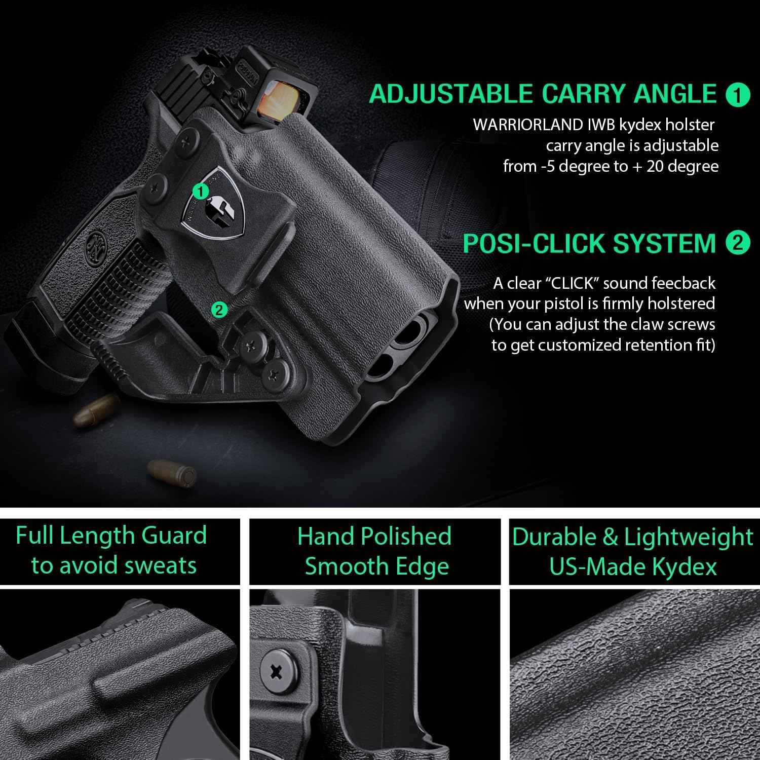 WARRIORLAND IWB Kydex Holster, Fit FN Reflex Adj. Cant & Retention | w/Optic Cut & Claw Options