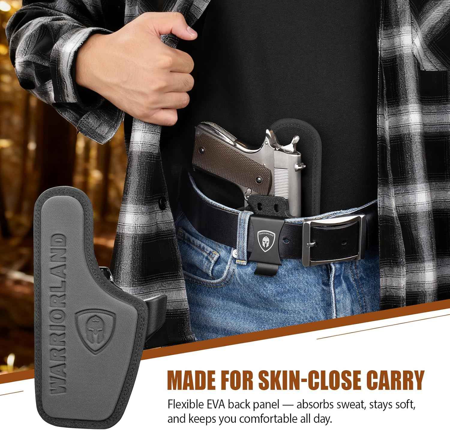 WARRIORLAND IWB Hybrid Holster for 5" 1911 No-Rail (Colt · Kimber · Ruger · S&W · Sig · RIA · Tisas) - Optic Cut, Adjustable Cant/Height/Retention, Ultimate Comfort Leather-Kydex, Right Hand Draw