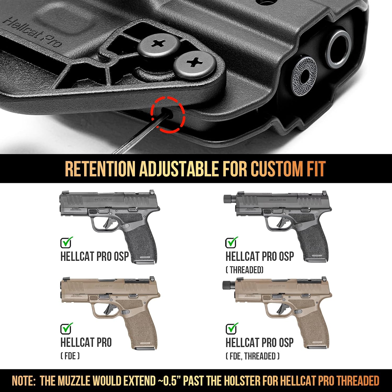 WARRIORLAND IWB & OWB Holster , Fits Springfield Hellcat Pro OSP / Hellcat Pro OSP Threaded. w/Optic Cut / Retention & Cant, w/ Concealment Claw, 1.5" Belt Clip & 2.0" OWB Paddle, Right