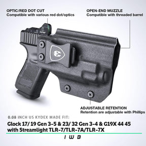 WARRIORLAND IWB Kydex Holster Optic Cut, Fits Glock 17/19 Gen 3-5 & 23/32 Gen 3-4 & 19X 44 45 with TLR-7/TLR-7A/TLR-7X, Inside Waistband Conceal Carry, Adj. Cant & Posi-Click Retention