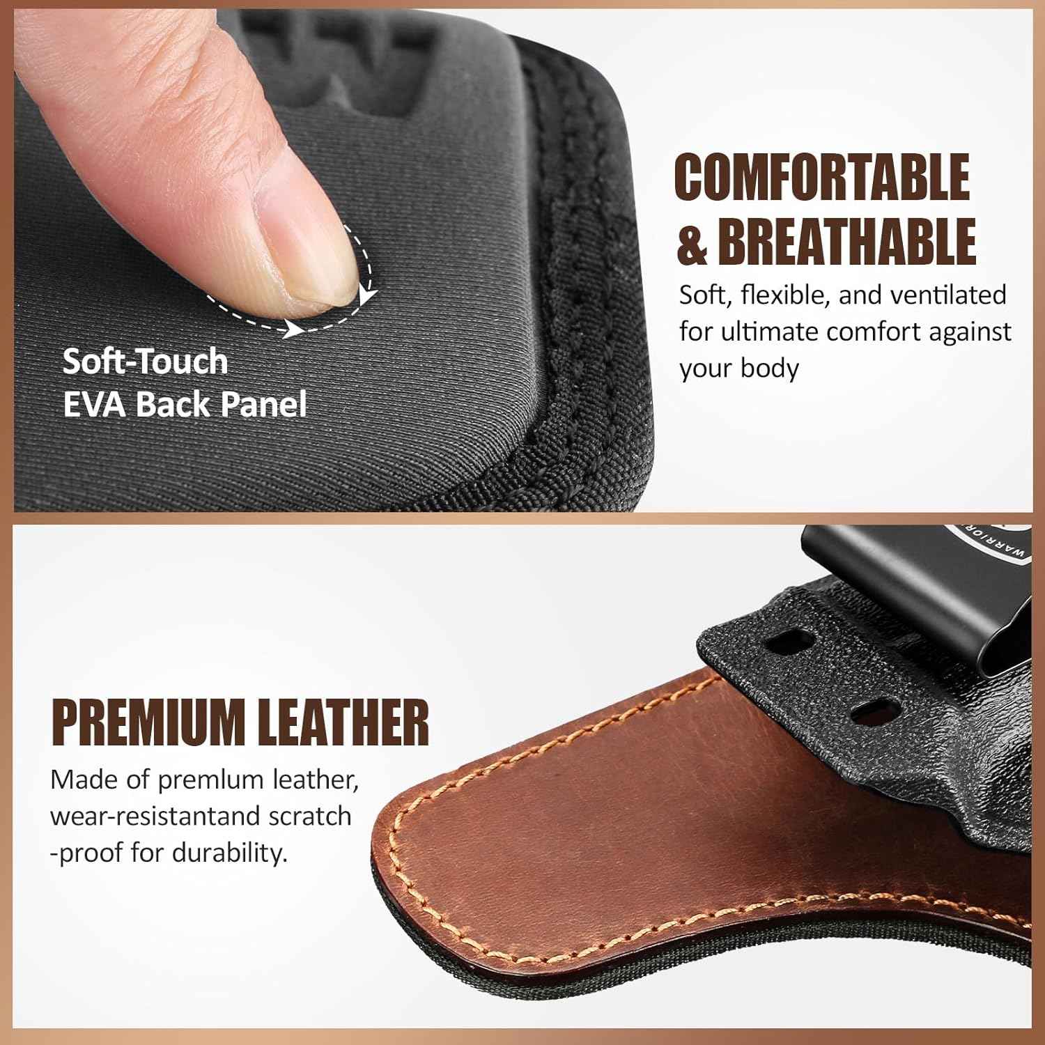 WARRIORLAND IWB Hybrid Holster for Glock 43 · 43 MOS · 48 · 43X · 48 MOS - Optic Cut, Ultimate Comfort Leather-Back, Adjustable Cant/Height/Retention, Appendix Concealed Carry, Right Hand Draw