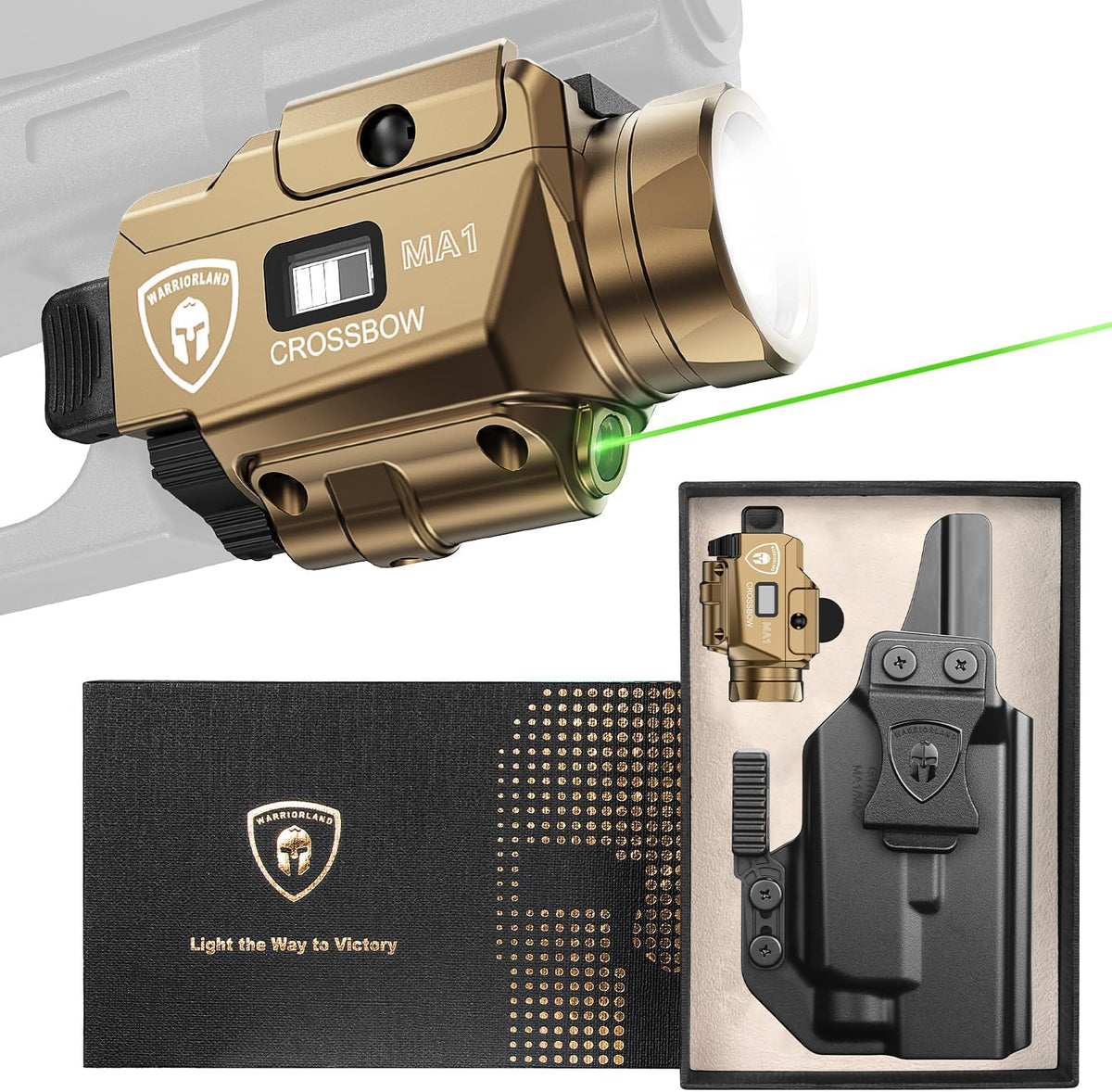 WARRIORLAND FDE MA1 800 Lumens Rail Mounted Universal Pistol Light, Combo Custom Holster for Glock 17/19 Gen 3-5 & Glock 34 Gen 4-5 & 18/19X/ 44/45 & MOS, Rechargeable | Screen Power Status WARRIORLAND