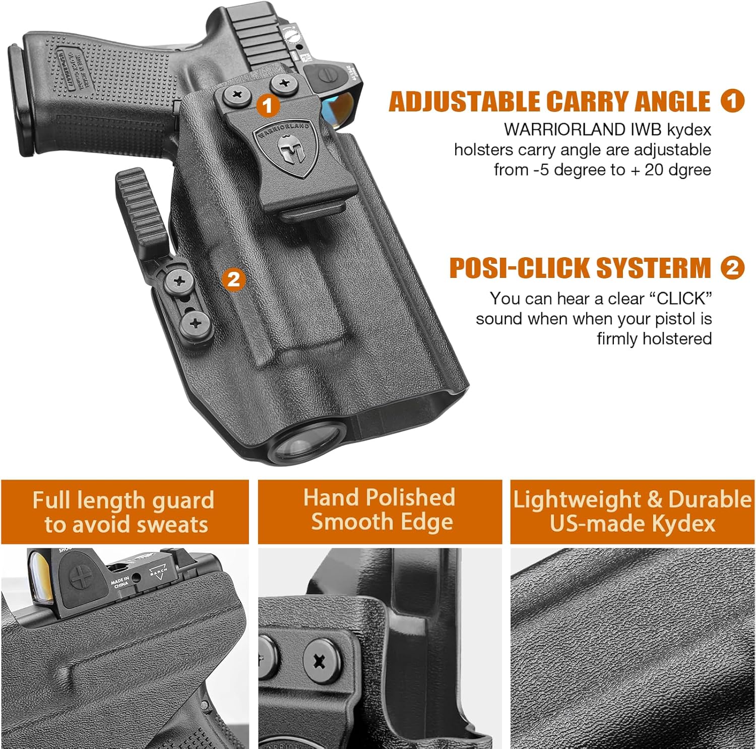 Glock 17/19 Gen3-6 / G19X / 44/45 / G34 Gen4-5 IWB Kydex Holster w/Claw - TLR-1 / TLR-1 HL / HL-X / HP-X / TLR-1s Light Bearing, Optic Cut, Adj. Retention & Cant, Right Hand - WARRIORLAND