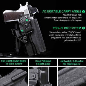 WARRIORLAND IWB Kydex Holster w/Claw & Optic Cut for 5" No-Rail 1911 (Colt · Kimber · Springfield · Ruger · S&W · Sig · RIA · Tisas) - Concealed Carry, Adjustable Cant & Retention, Right Hand Draw