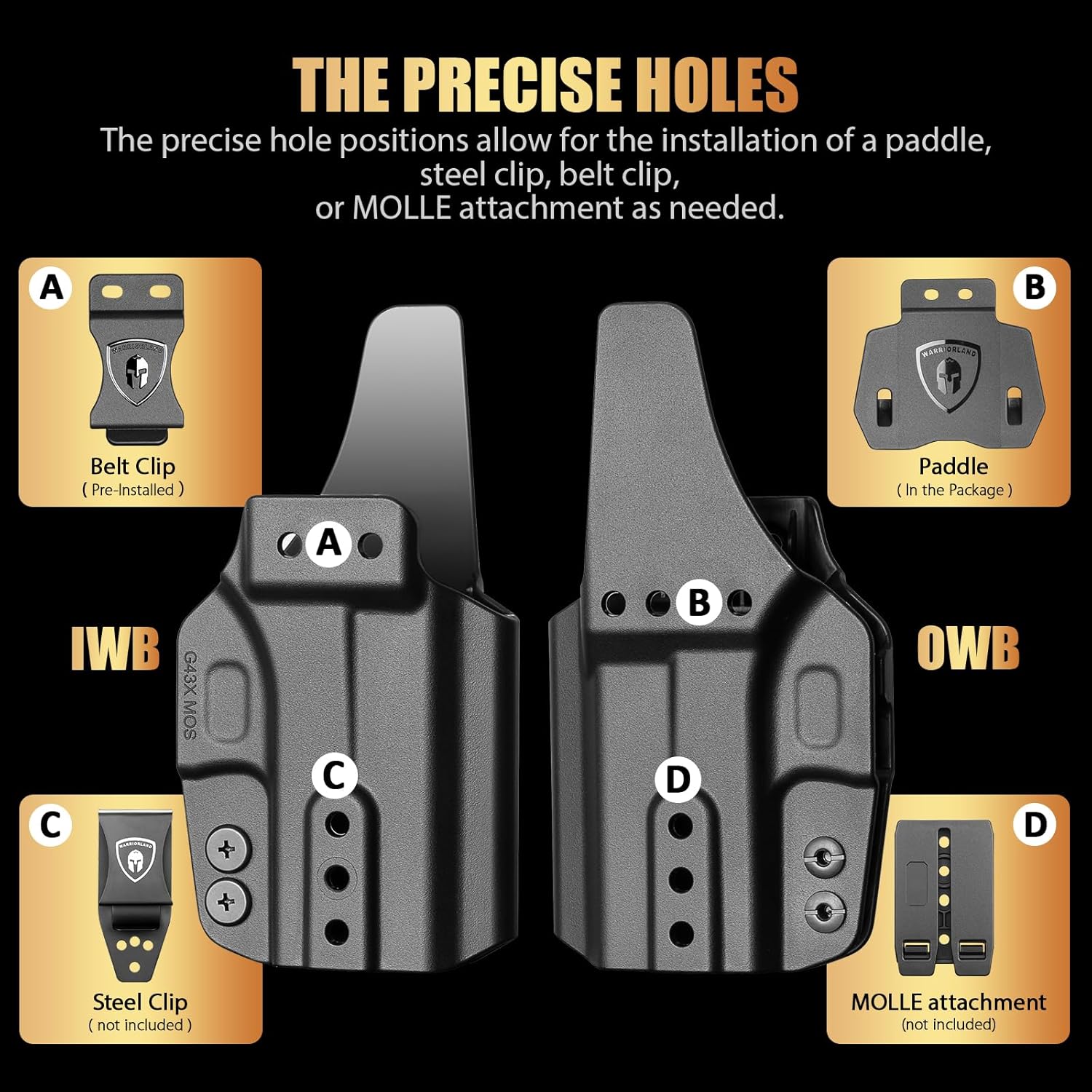 Glock 43 / 43X / 43X MOS IWB & OWB Holster - Optics Ready, Adj. Retention/Cant/Height, Removable Claw + Paddle, No Light/Laser, Right Hand - WARRIORLAND