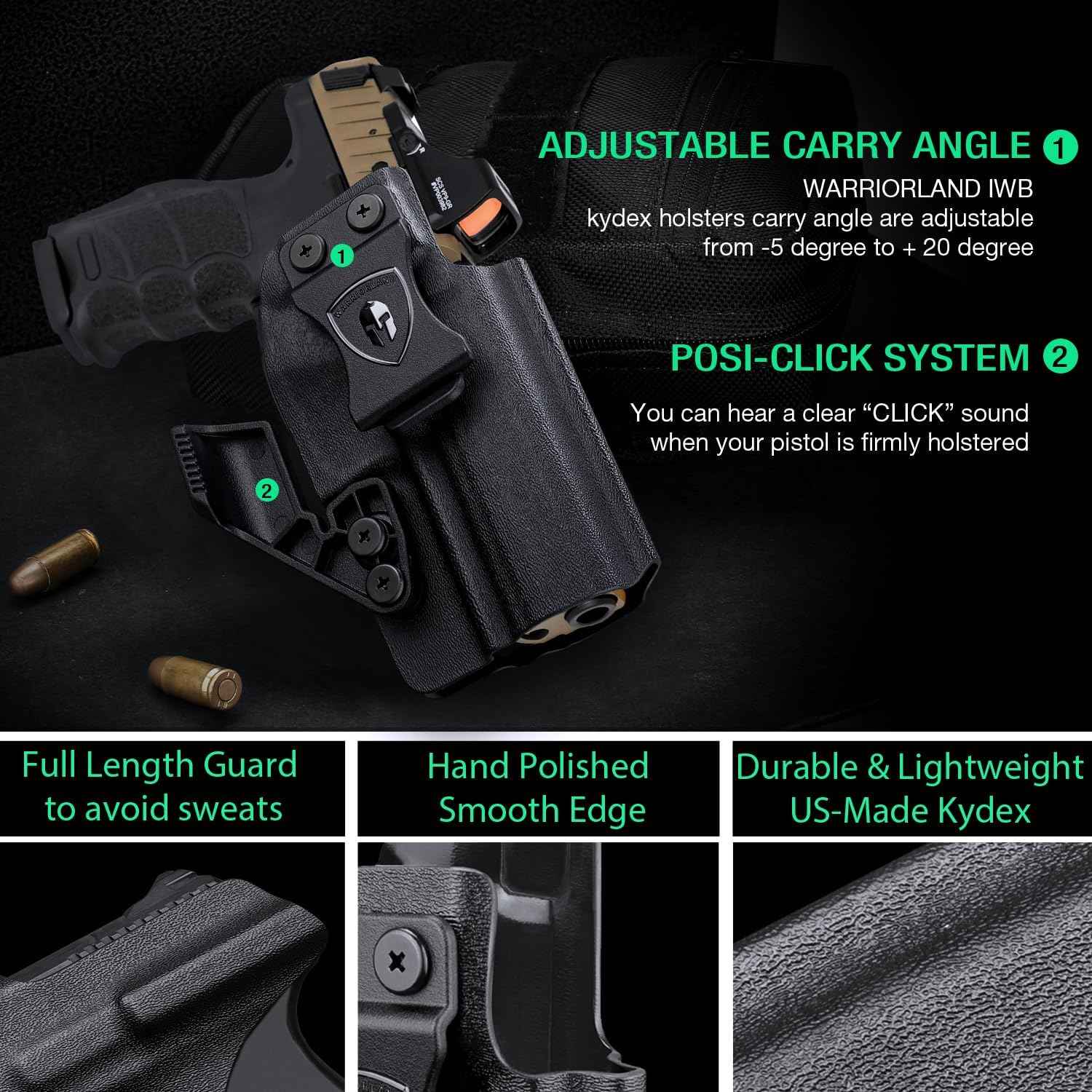 HK VP9 IWB Kydex Holster - Optic Cut + Claw, Adjustable Cant & Posi-Click Audible Lock, Right-Hand Concealed Carry - WARRIORLAND