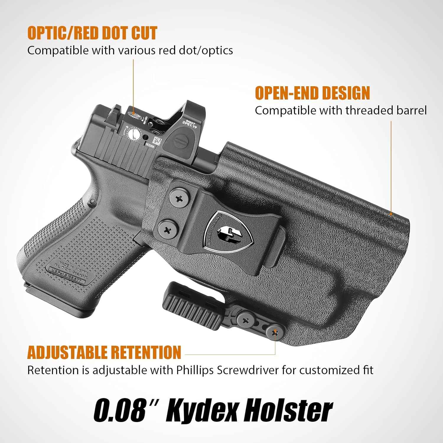 Glock 17/19 Gen3-6 / G19X / 44/45 / G34 Gen5 IWB Kydex Holster w/Claw - Olight Baldr S / Mini / RL Mini Light Bearing, Optic Cut, Adj. Retention & Cant, Right Hand - WARRIORLAND