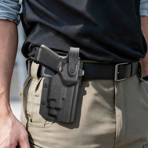 Glock 17/19/19X/45 Gen3-5 Holster OWB Kydex Light-Bearing - Fits TLR-7A / TLR-7 X / TLR-7 HL-X / TLR-8A / TLR-8 X & More, Optic Cut, Thumb Release, 2.0" Mid-Ride Belt Loop, Right Hand - WARRIORLAND