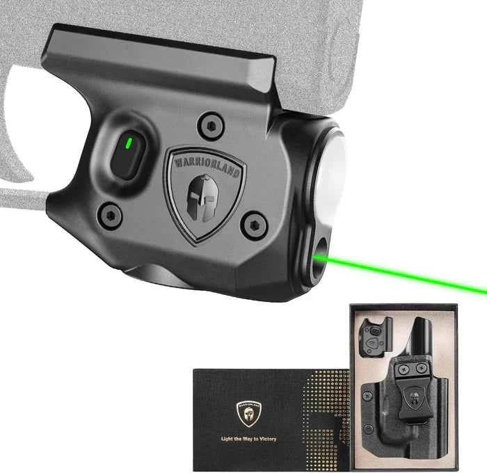 WARRIORLAND SLL-110G Firearm Laser Light +holster Combo– Fits Springfield Hellcat Pro | 150-Lumen Trigger Mounted Tactical Light with Green Laser, White LED, Power Indicator & 3 Modes