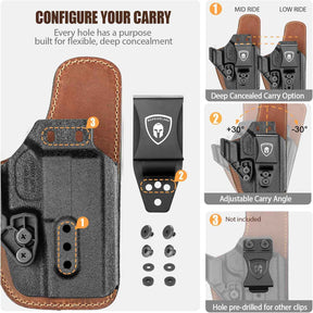 WARRIORLAND IWB Hybrid Holster for Glock 43 · 43 MOS · 48 · 43X · 48 MOS - Optic Cut, Ultimate Comfort Leather-Back, Adjustable Cant/Height/Retention, Appendix Concealed Carry, Right Hand Draw