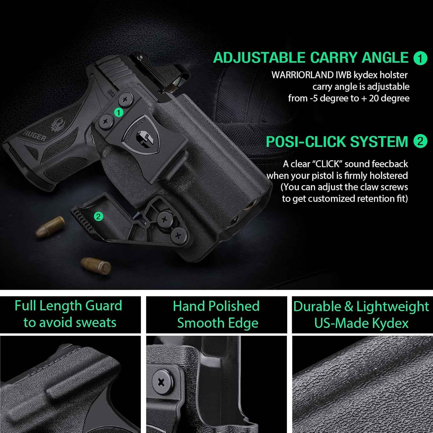 WARRIORLAND IWB Kydex Holster, Fit Ruger Security 380 | Adj. Cant & Retention | w/Optic Cut & Claw Options