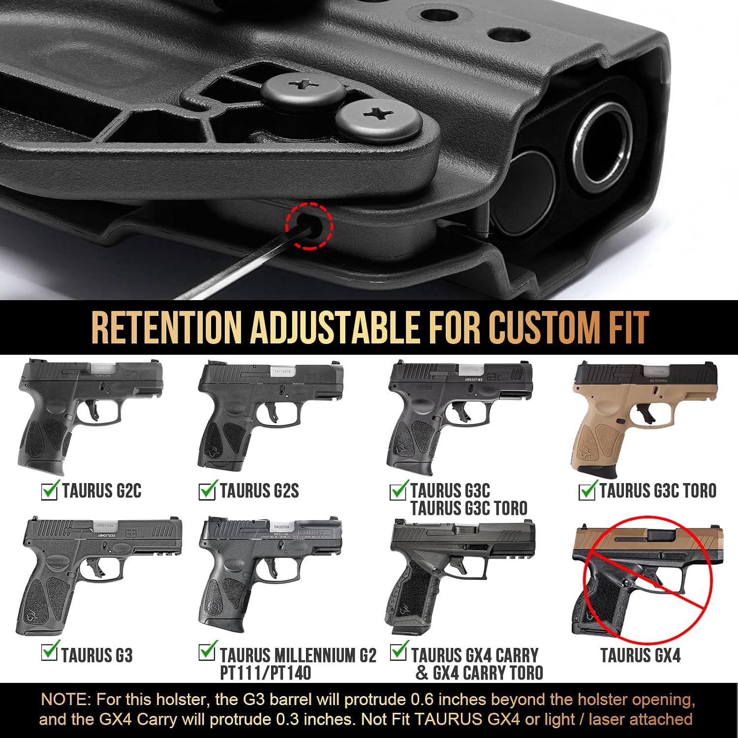WARRIORLAND IWB & OWB Holster Fits Taurus G3C/ G2C/ G2S /G3 / G3C TORO w/Optic Cut, , Retention & Cant, w/ Concealment Claw, 1.5" Belt Clip & 2.0" OWB Paddle, Right Hand