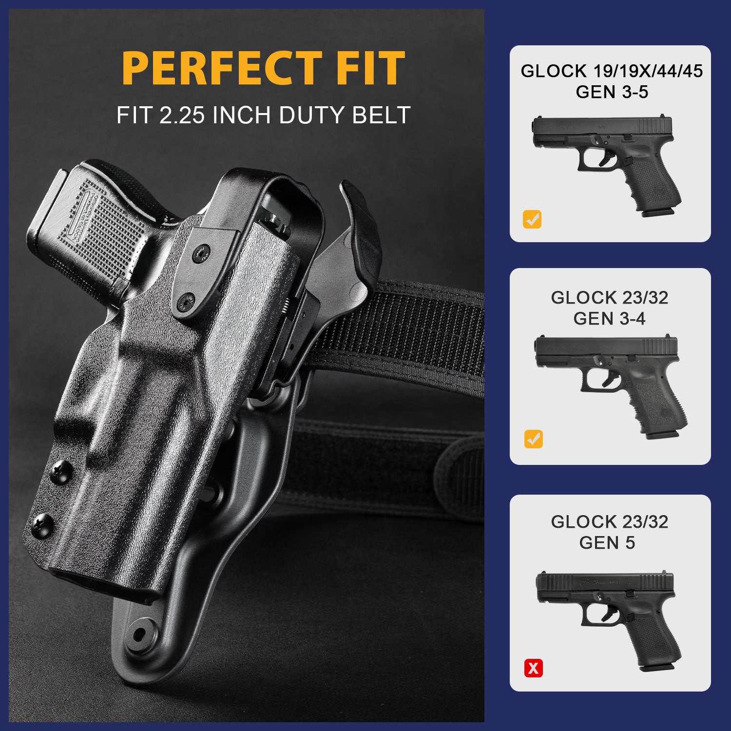 Glock 19 Duty Holster Level II Retention w/Hook Guard & Rotating Hood: Glock 19 19X 44 45 Gen 3 4 5 & G23 32 Gen 3 4, 2.25 , Adj. Retention & Ride Height, Right Hand|WARRIORLAND