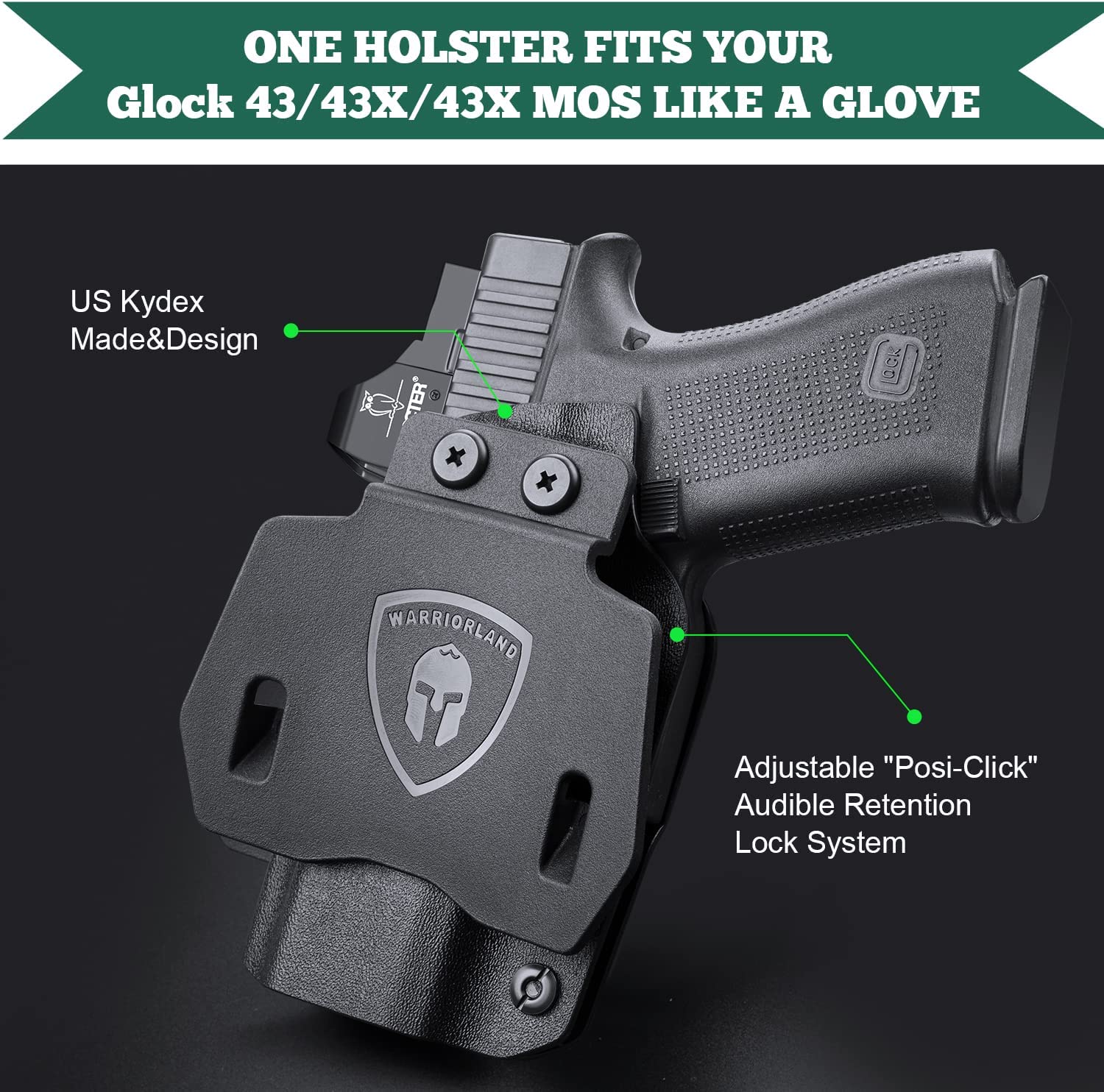 OWB Kydex Holster For Glock 43 / G43X & 43X MOS Pistol, 1.75 Optic Ready, Right Hand