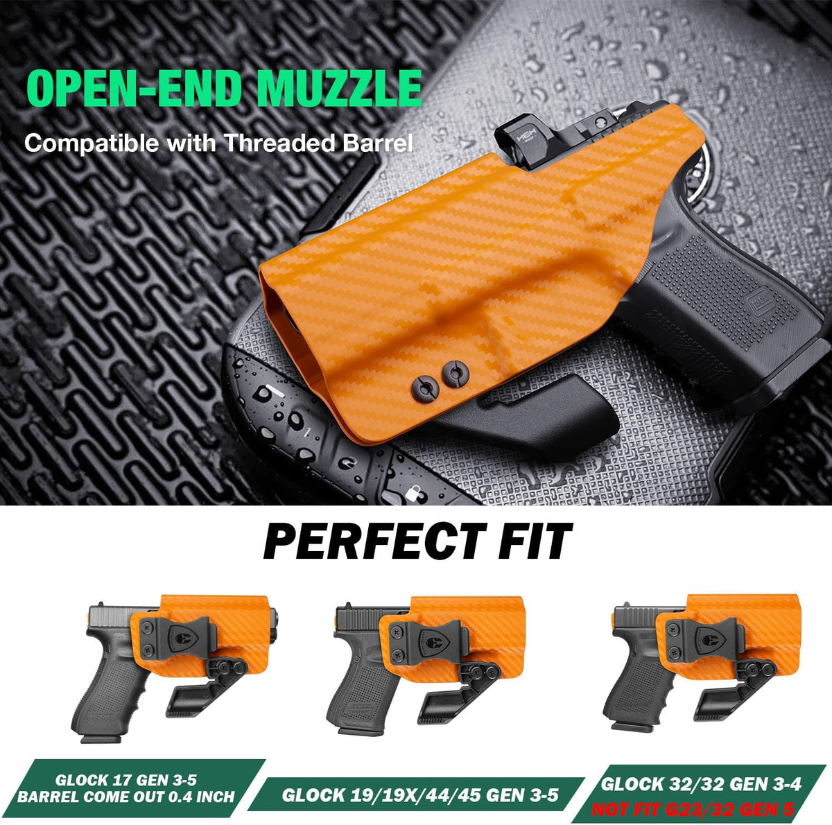 Glock17/19/19X/44/45 Gen(1-5) & Glock 23/32 Gen(3-4) IWB Carbon Fiber Kydex Holser,Red Dot Optics Cut, Wing/Claw Conceal Carry| WARRIORLAND