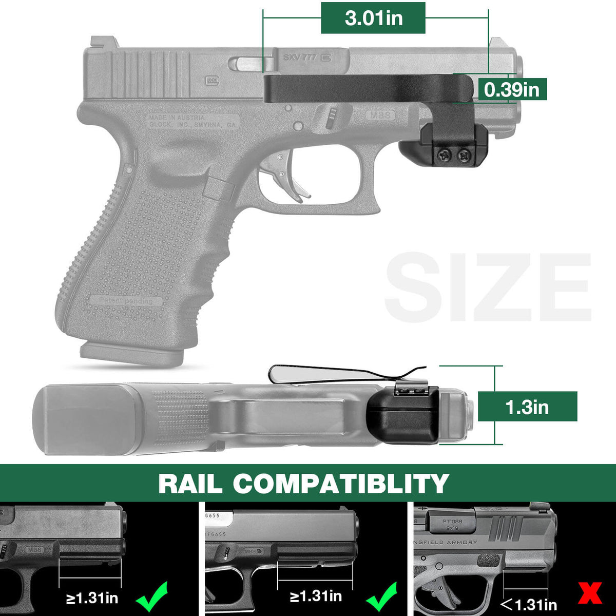 Universal Rail Gun Clip Low Profile Concealed Carry Fit for Gun w/ Rai